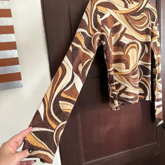 90s vintage VALLEY GIRL | 90s does 70s Brown Groovy Swirl Turtleneck | Medium - Picture 3 of 4
